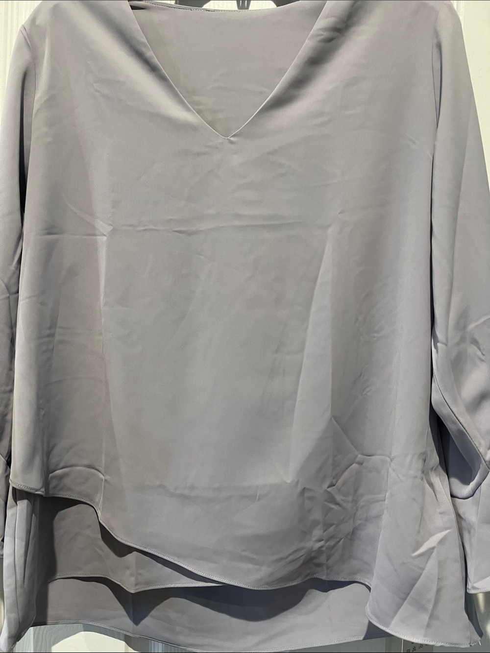 Women's V-Neck Layered Hem Blouse in Light Gray - ruffled sleeve